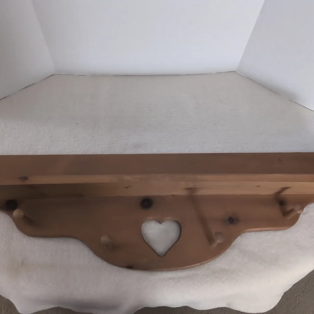 Vintage Wood Shelf With Heart Cut OutWall Shelf With 4 Pegs - 35”